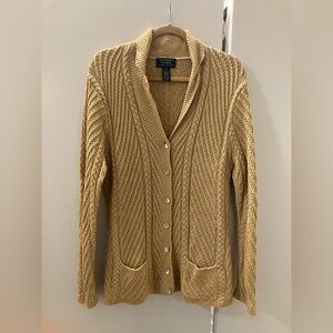 Ralph Lauren Womens Yellow Cream Cotton Hand Knit Long Cardigan Sweater Sz M